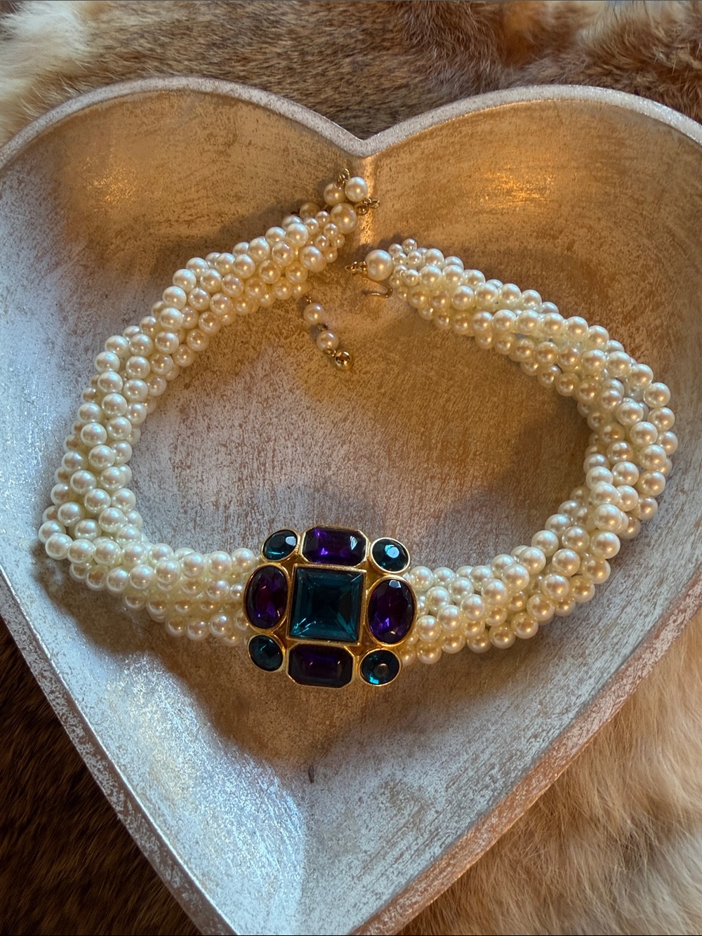 Pearl Multi-Strand Necklace with Blue and Purple Gem Accent